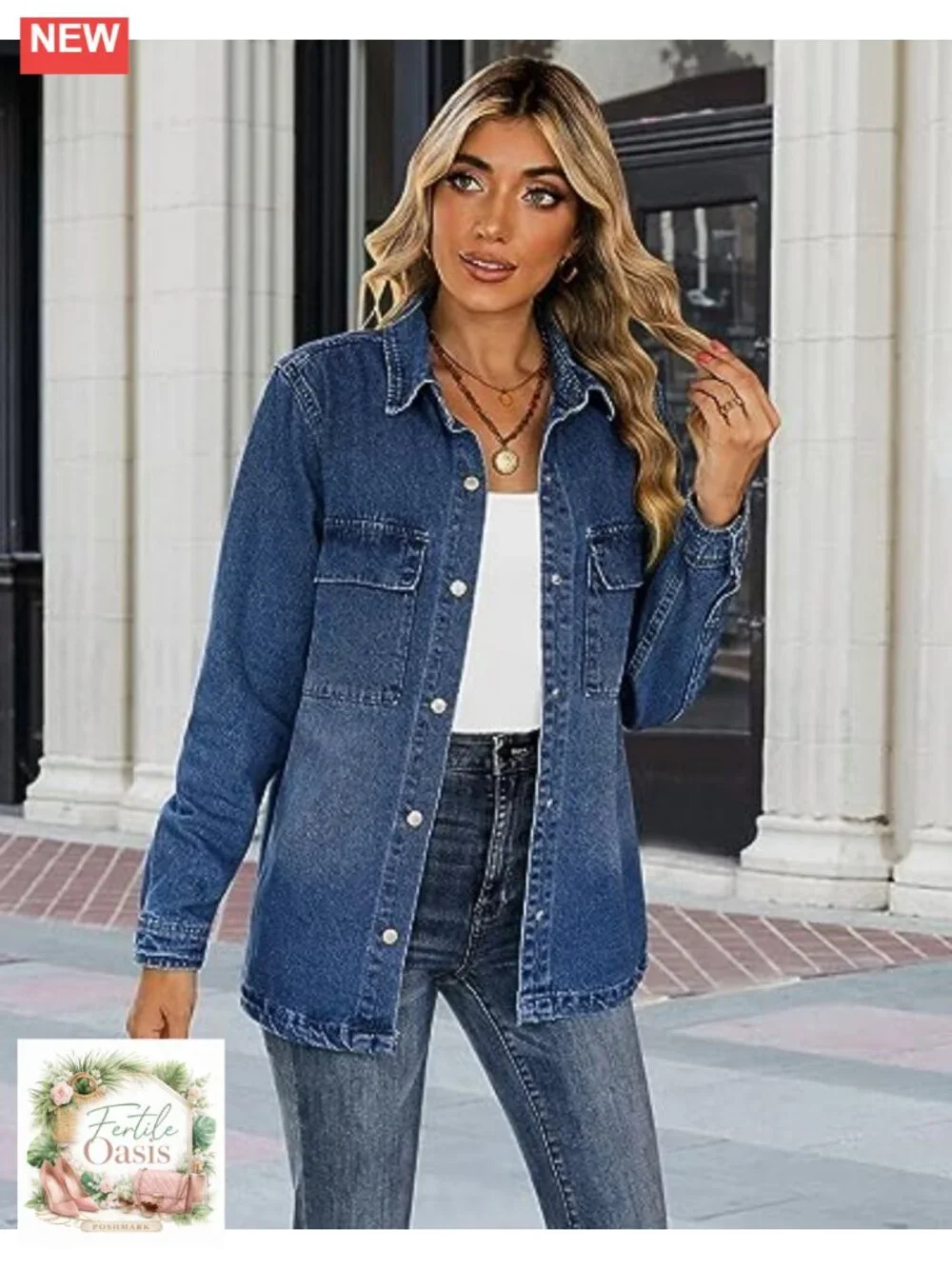 Oversized Cotton Denim Jacket Women Button Down Shacket with Pockets